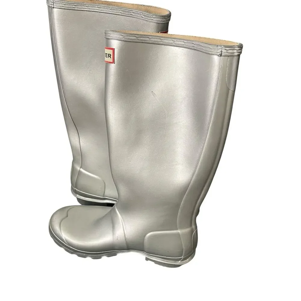 FLAW Hunter Kids Original Metal Silver Boots Rain Winter Girls US 5 Boys US 4